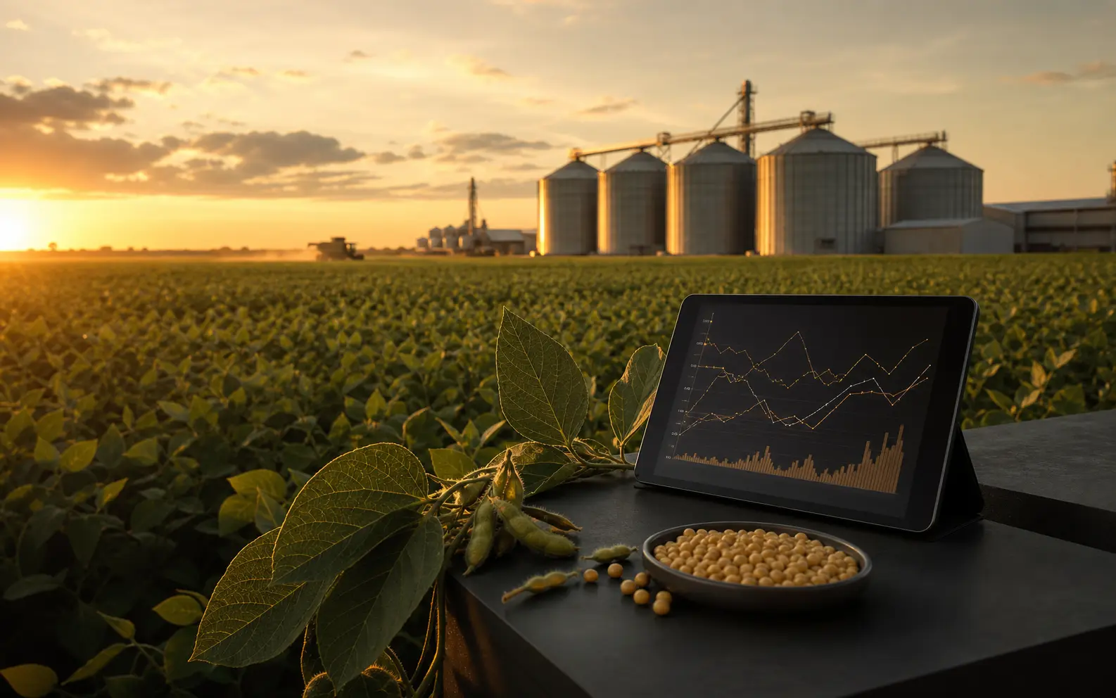 Plantação, silos e análise de mercado de commodities