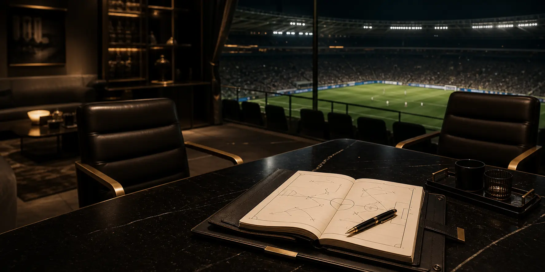 Ambiente executivo com mesa de estratégia e vista para um campo de futebol